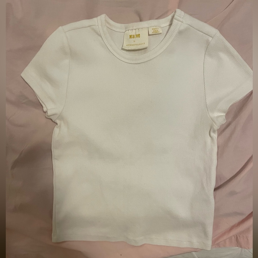 Anthropologie Maeve White Ribbed Short Sleeve Tee